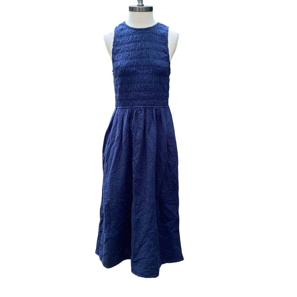 Pact Women's Blue Organic Cotton Coastal Double Gauze Smocked Dress Size Small